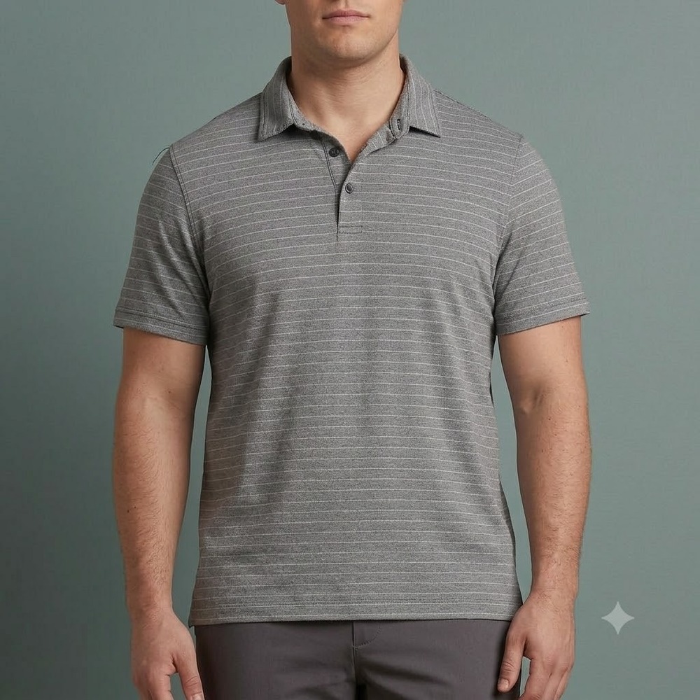 Lululemon Evolution Short Sleeve‎ Polo Men's L Gray White Stripe Golf EUC
